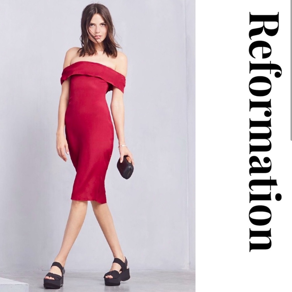 Reformation carrera off the shoulder red pink sheath midi dress with slit